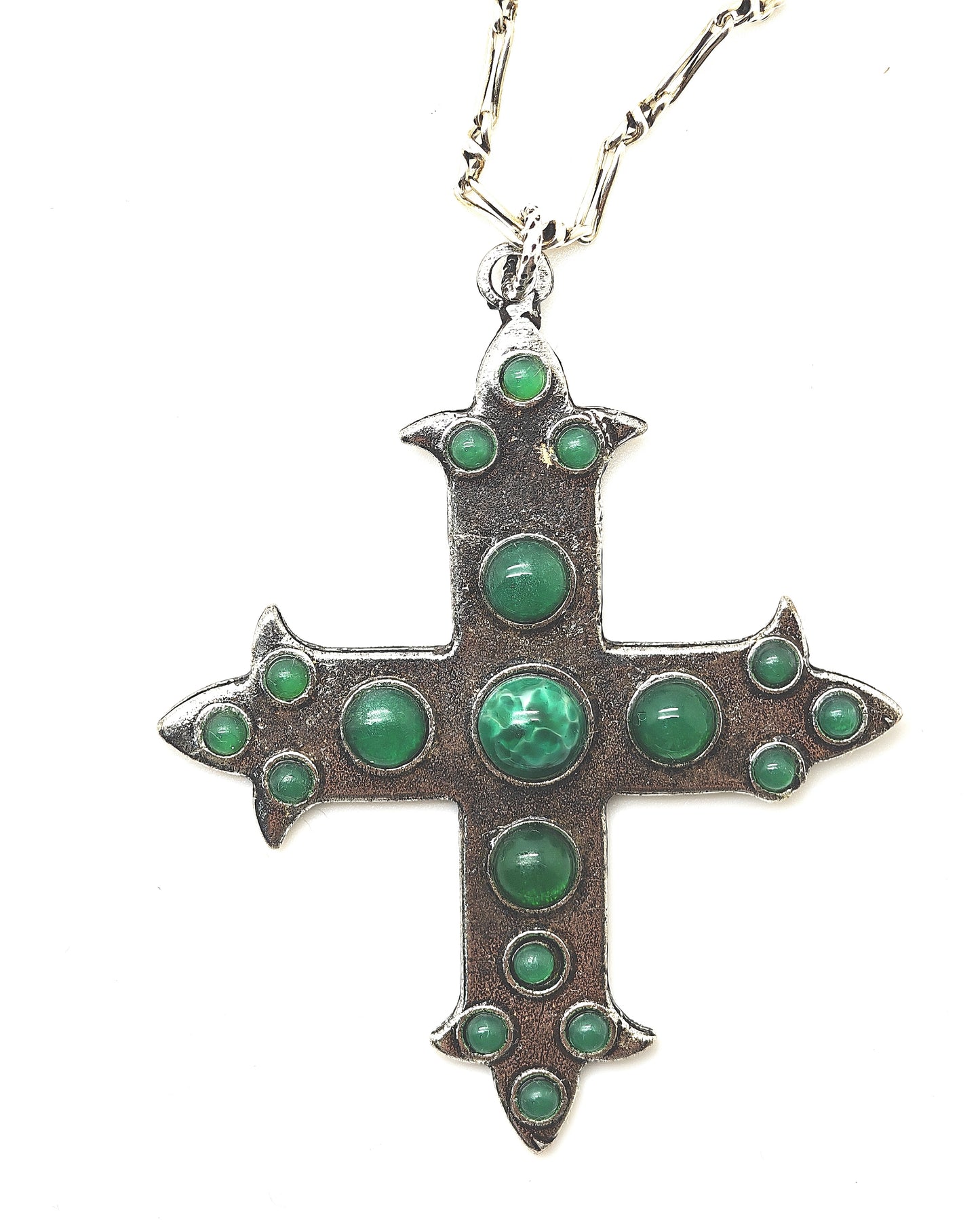 SAUTOIR CROIX VERTE en argenté